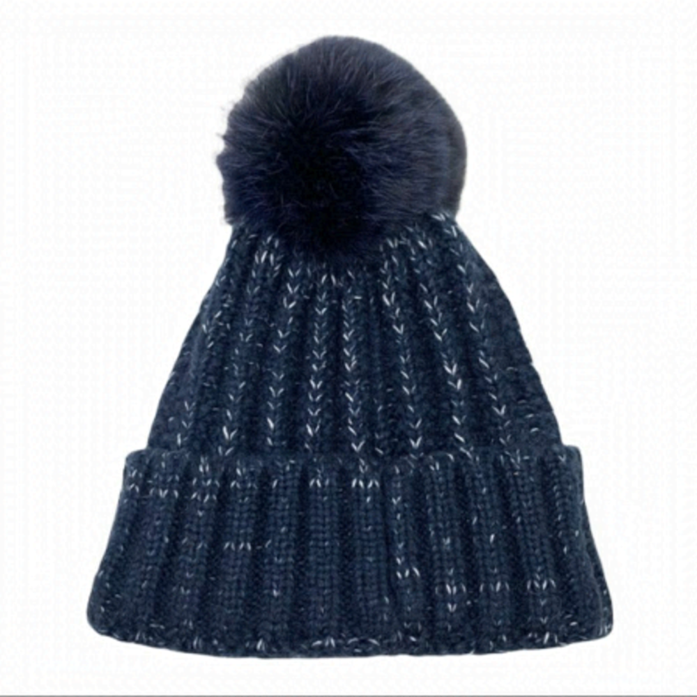 Kyi kyi winter toque navy fox fur Pom Pom NWOT